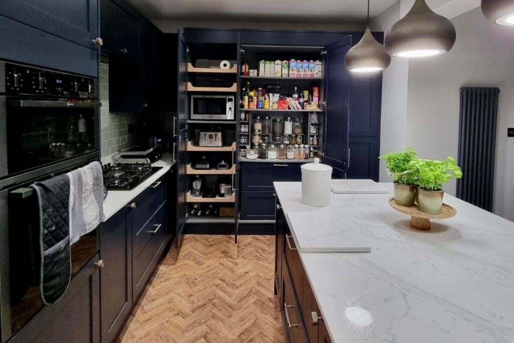 Calacatta Gold Quartz Kitchen Blue