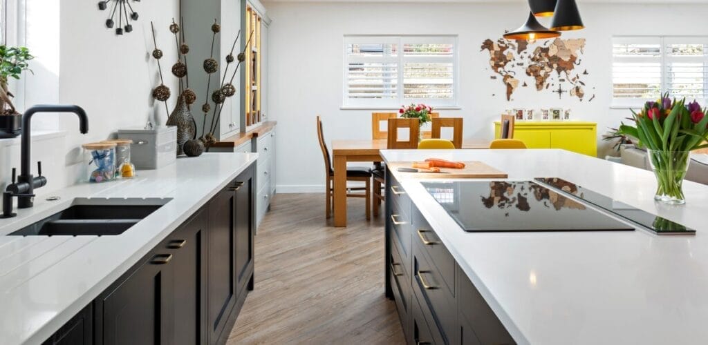 White Quartz Kitchen with Blue Cabinets 4