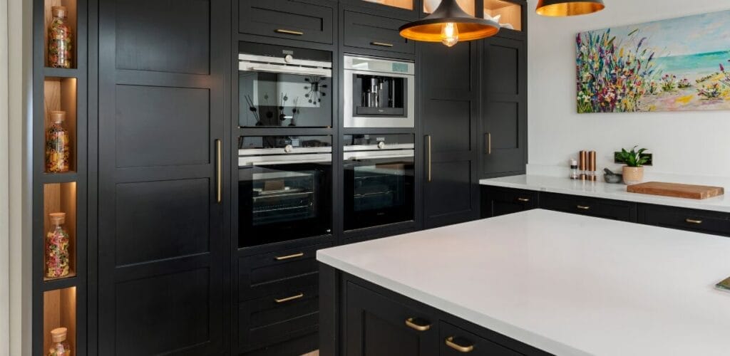White Quartz Kitchen with Blue Cabinets 5