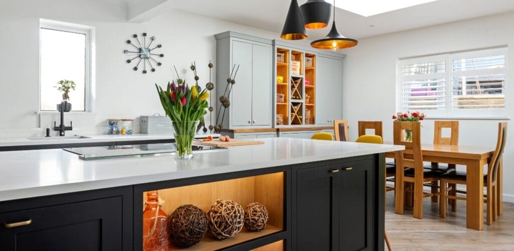 White Quartz Kitchen with Blue Cabinets 6